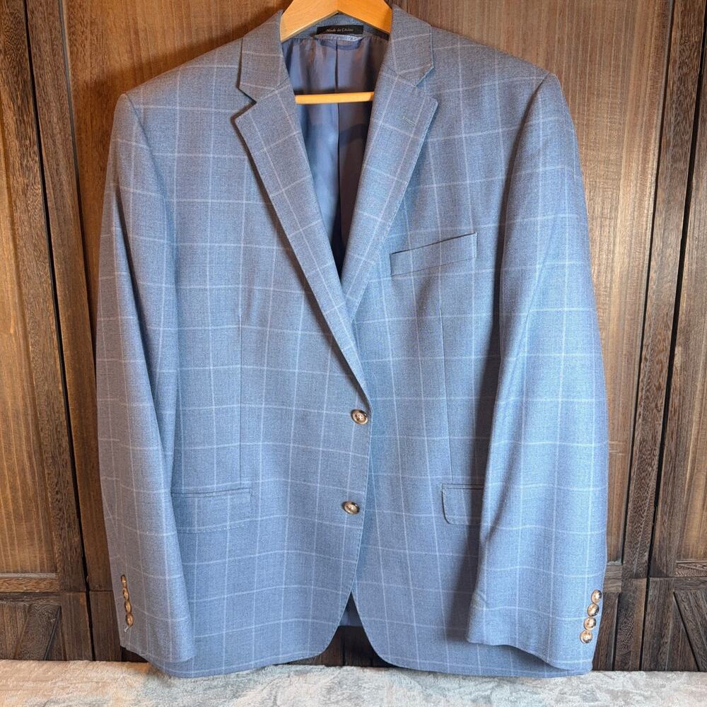 Lauren Ralph Lauren 48R Blue Windowpane Sport Coat Blazer Silk Wool Slim Fit